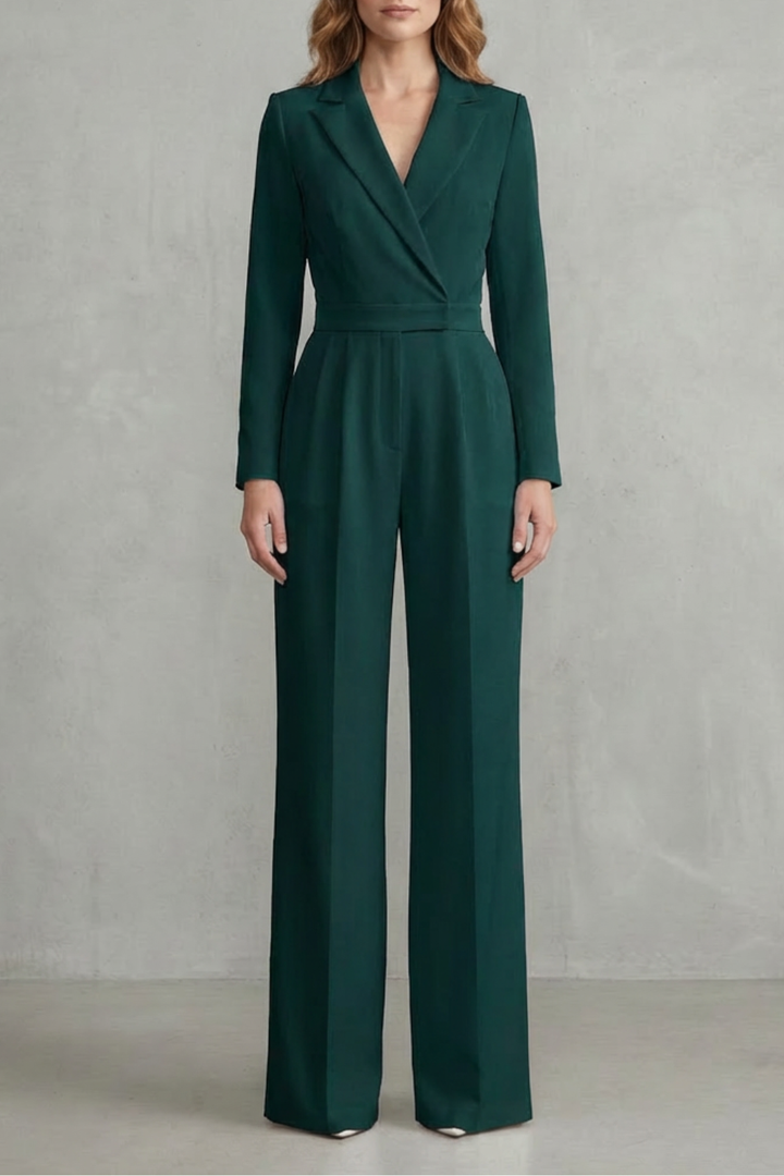 Women's Long Sleeve Wide Leg Jumpsuit with Lapel Collar - Jossaline