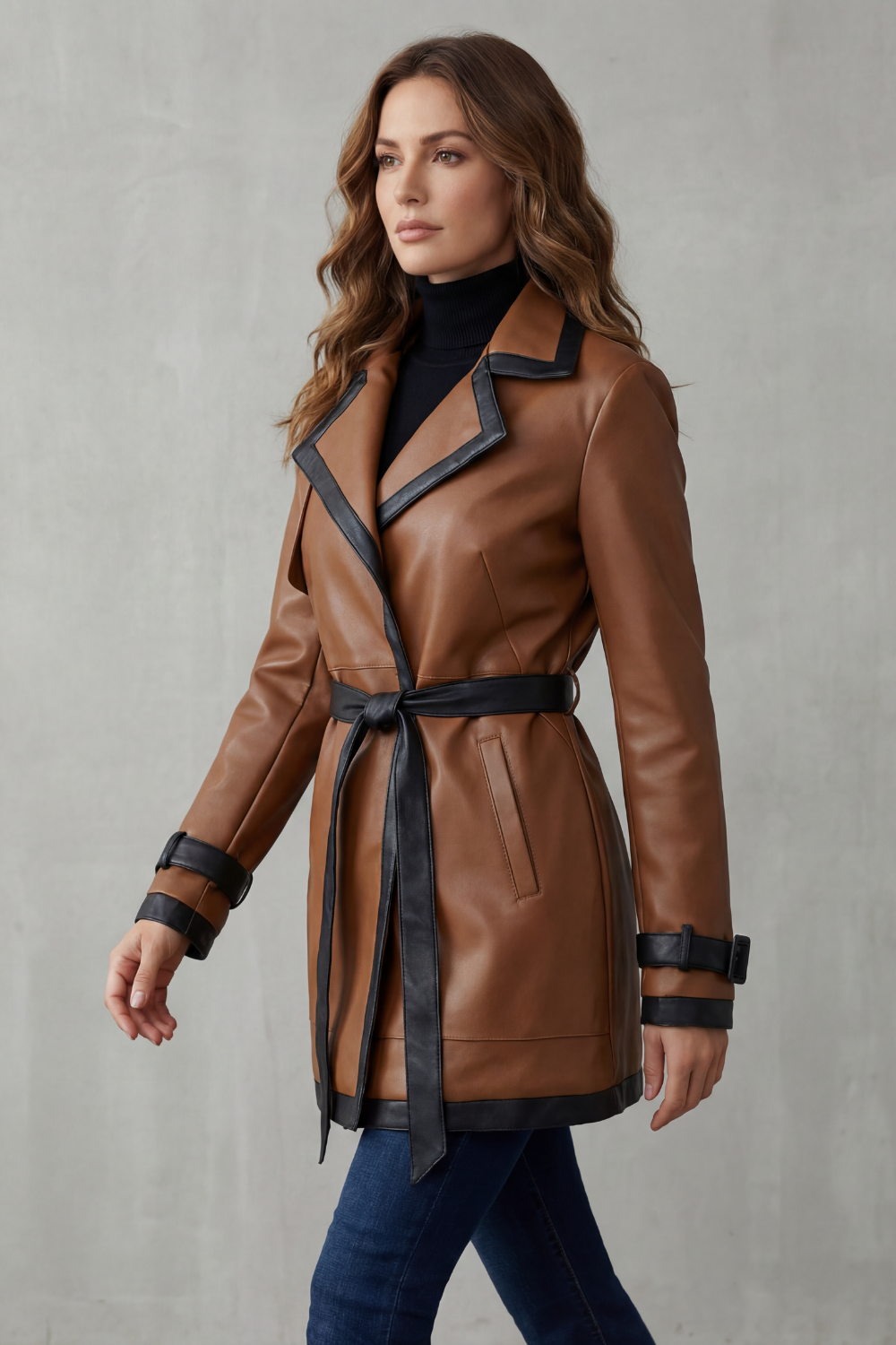 Women's Belted Faux Leather Trench Coat with Contrast Trim – Coraline