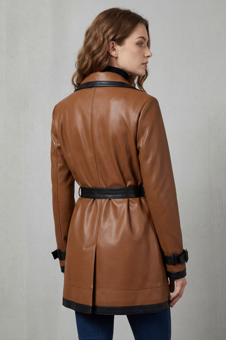Women's Belted Faux Leather Trench Coat with Contrast Trim – Coraline