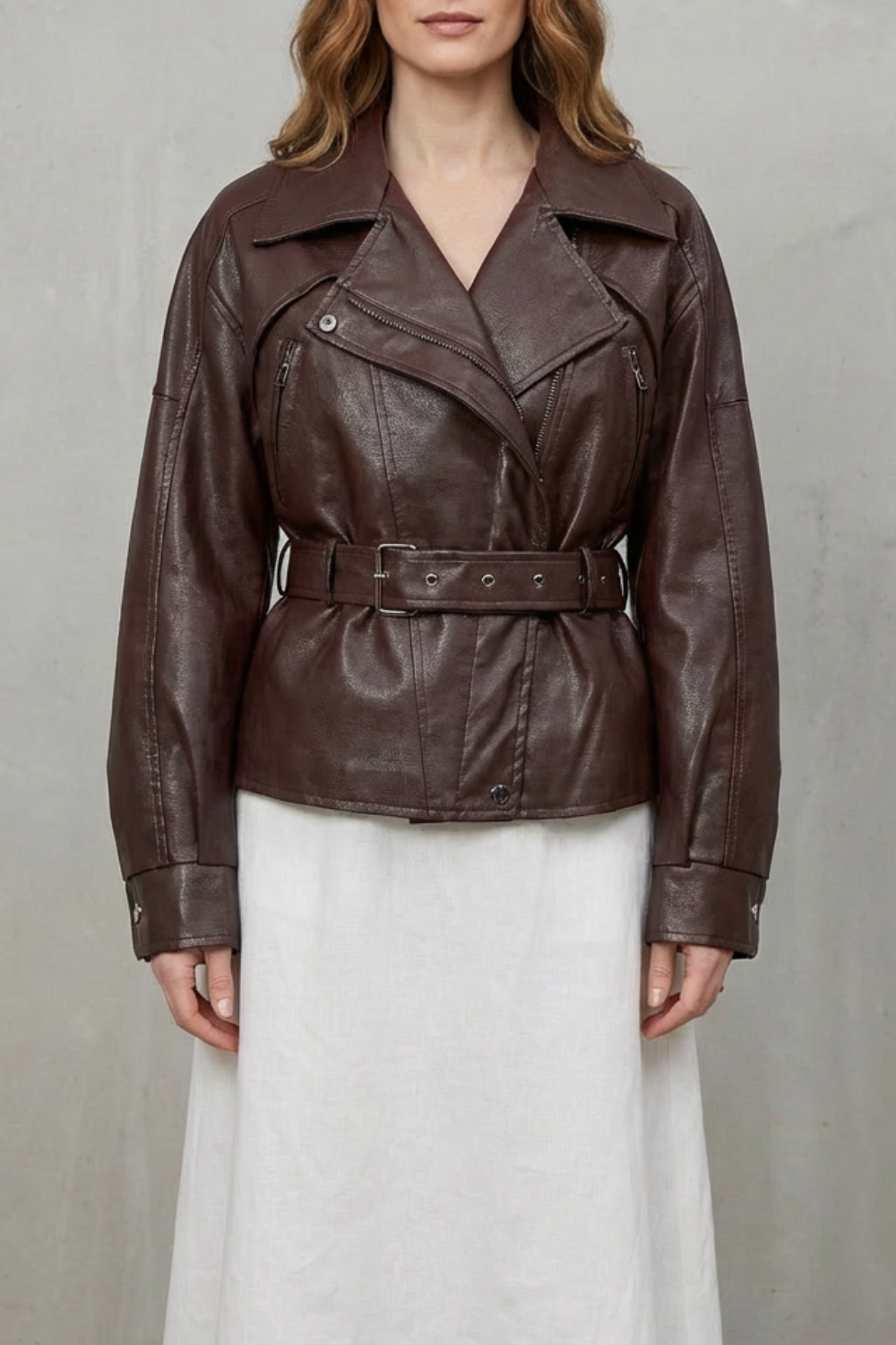 Women's Sculpted Modern Jacket with Faux Leather and Belted Design – Kestrel