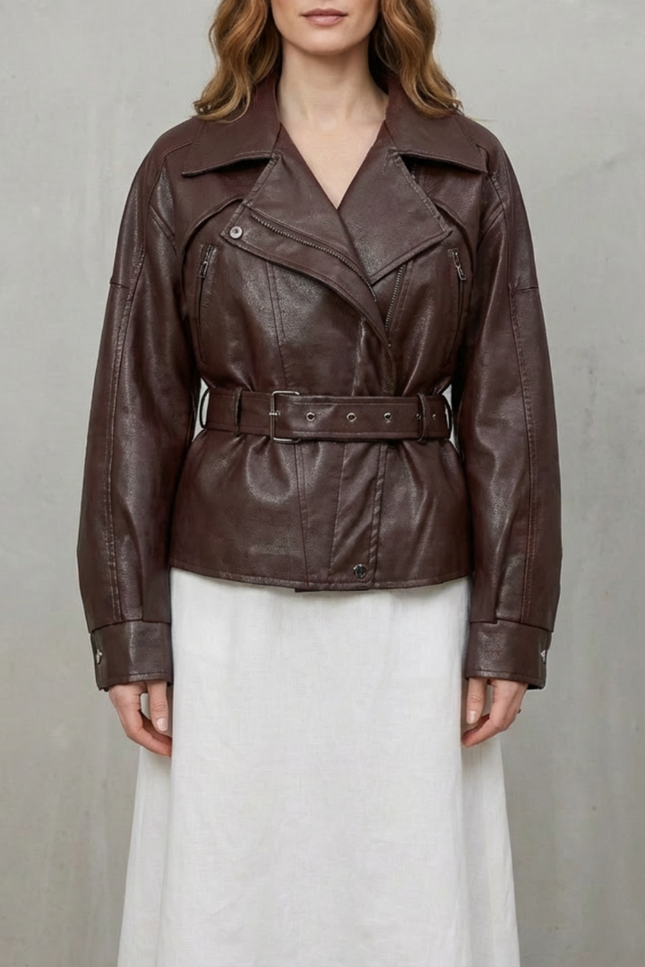 Women's Sculpted Modern Jacket with Faux Leather and Belted Design – Kestrel