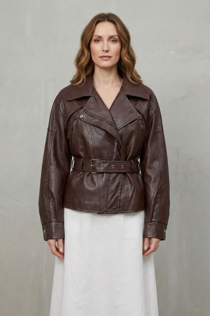 Women's Sculpted Modern Jacket with Faux Leather and Belted Design – Kestrel