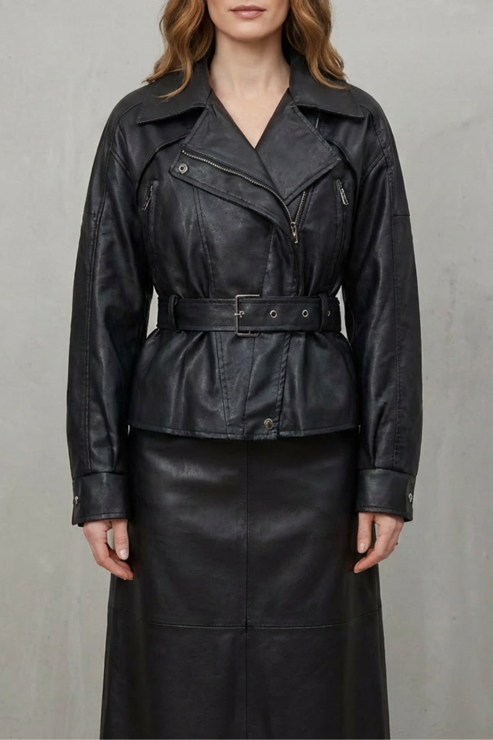 Women's Sculpted Modern Jacket with Faux Leather and Belted Design – Kestrel