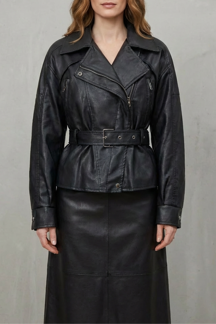 Women's Sculpted Modern Jacket with Faux Leather and Belted Design – Kestrel