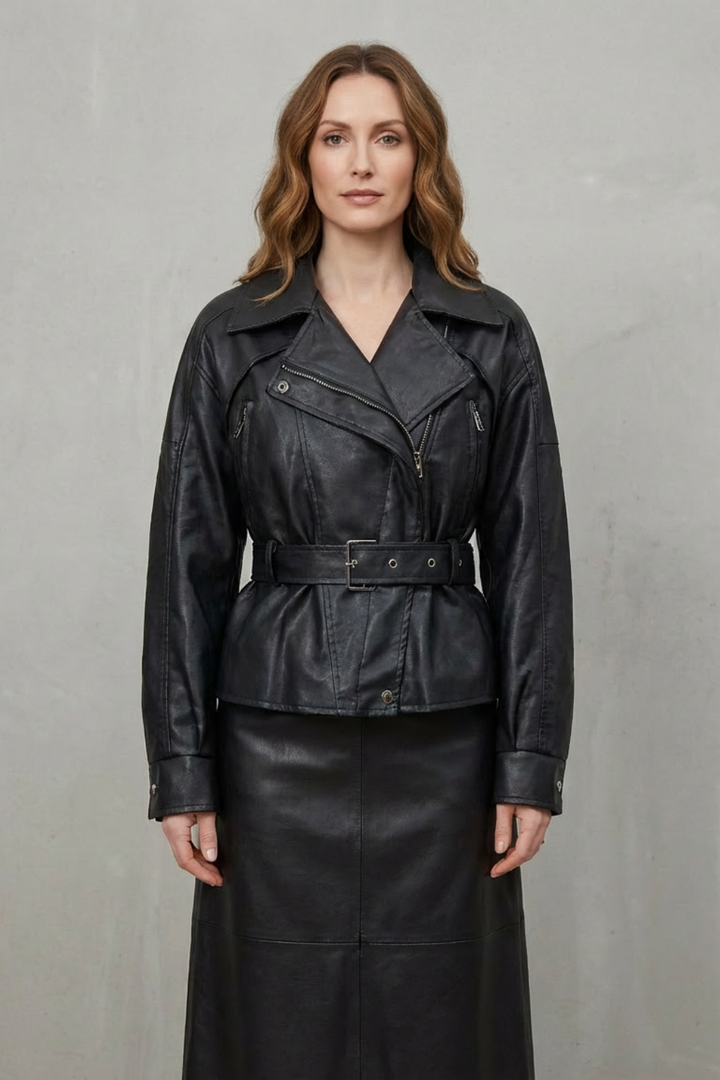 Women's Sculpted Modern Jacket with Faux Leather and Belted Design – Kestrel