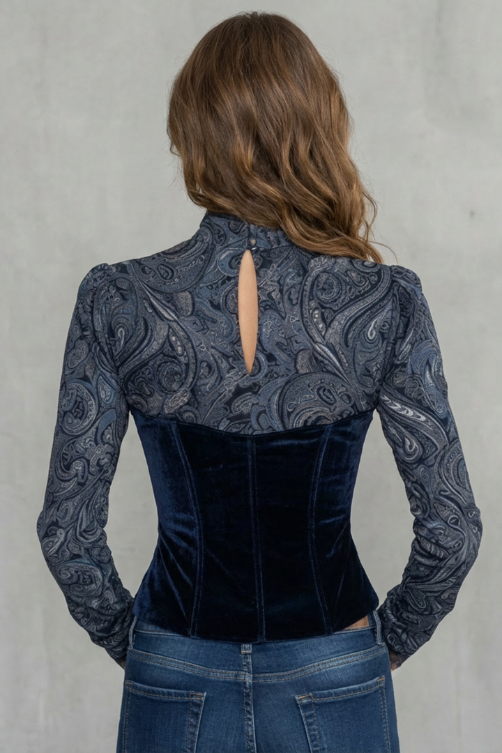Women's Velvet Top with Paisley Sleeves and Lace V-Neck - Tavienne