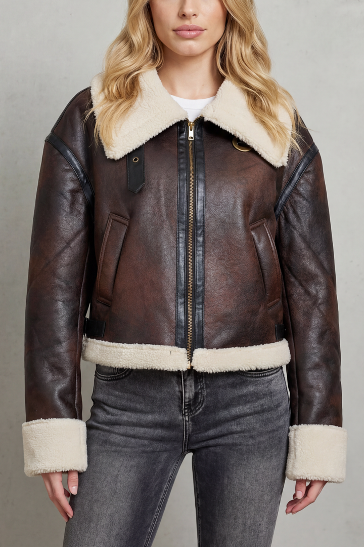 Women's Cropped Aviator Jacket with Shearling Trim – Yolanda