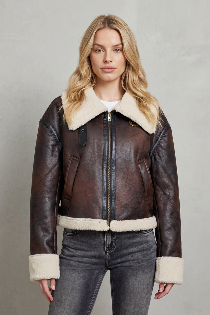 Women's Cropped Aviator Jacket with Shearling Trim – Yolanda