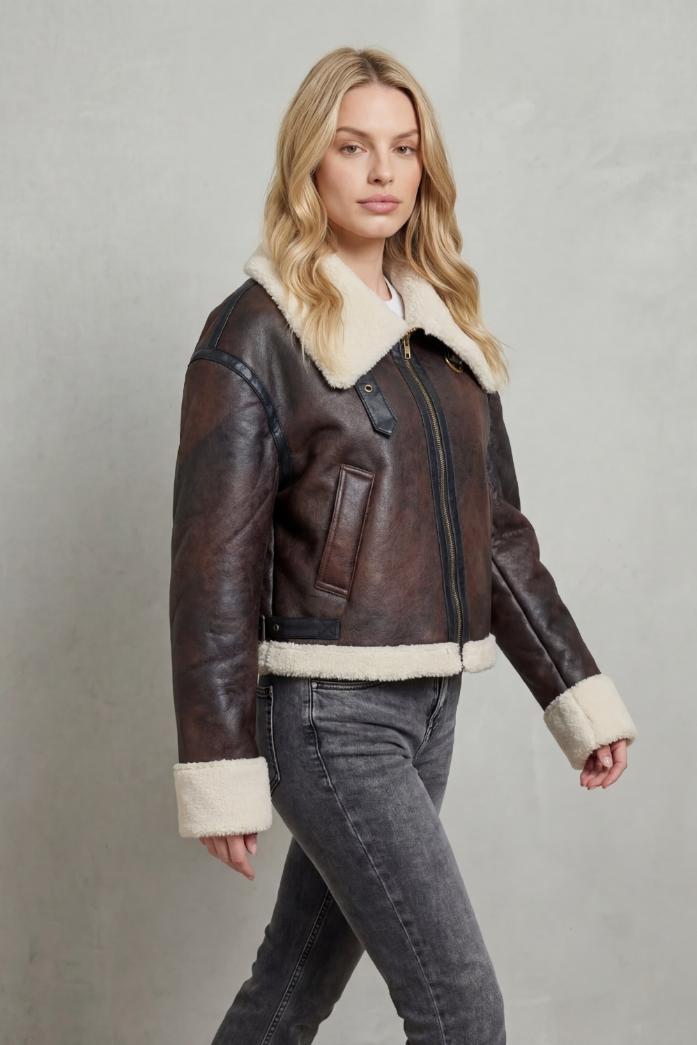 Women's Cropped Aviator Jacket with Shearling Trim – Yolanda