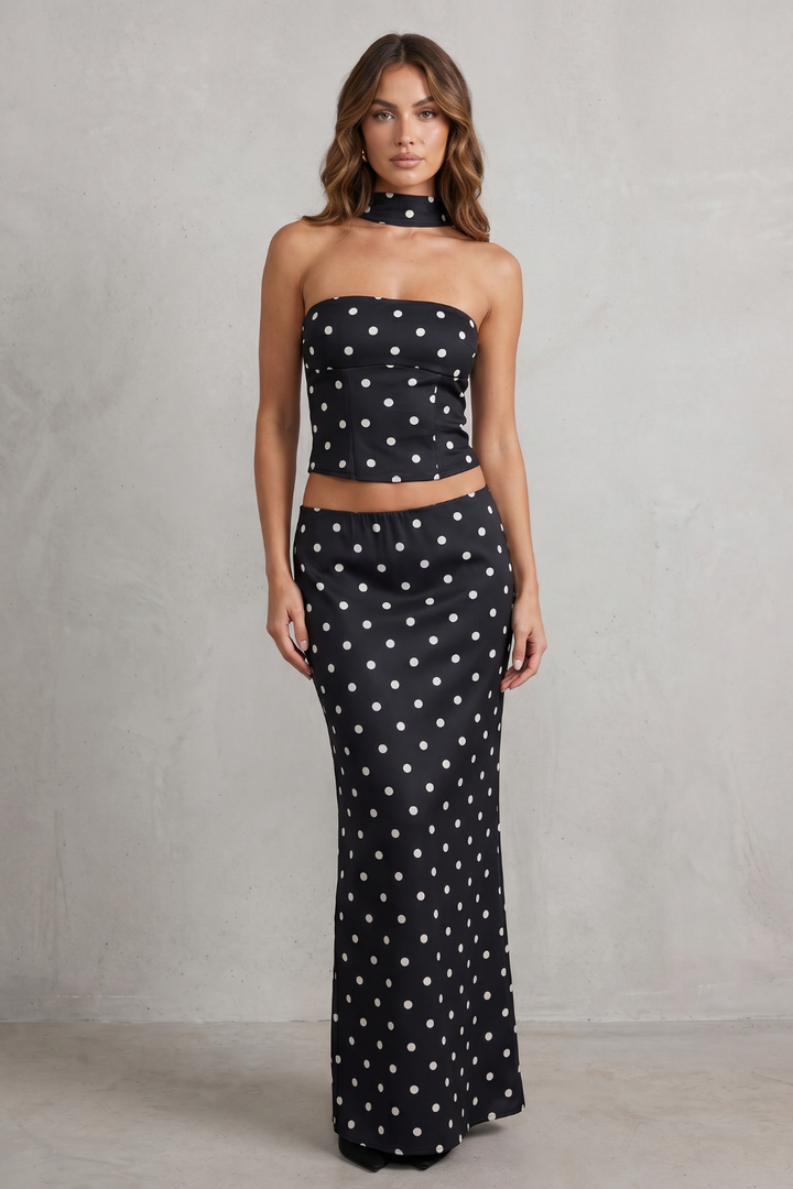 Women's Polka Dot Bandeau Top and Maxi Skirt Set - Camorine
