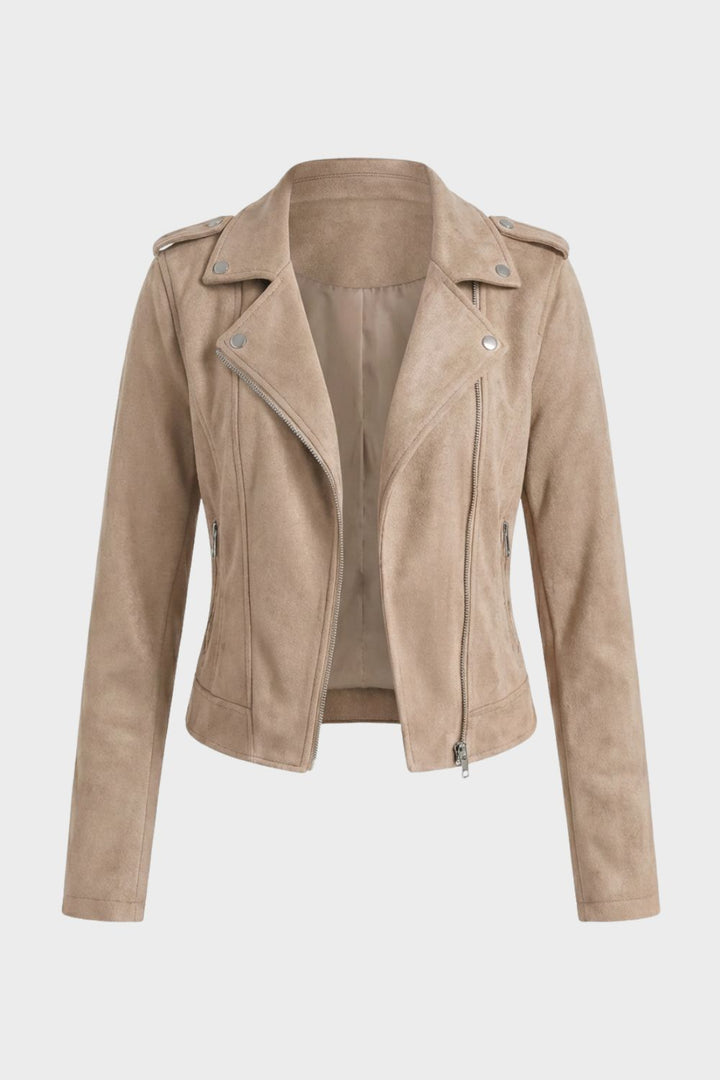 Women's Cropped Suede-Look Biker Jacket with Asymmetric Zip – Axminster – Stone – front view