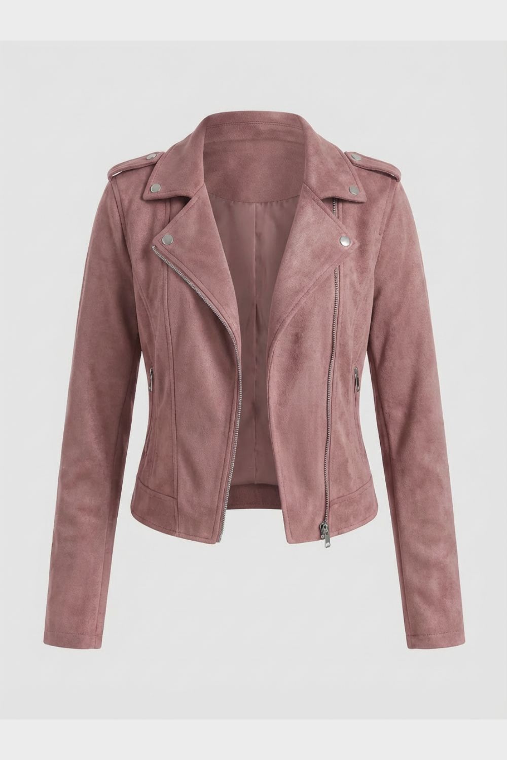 Women's Cropped Suede-Look Biker Jacket with Asymmetric Zip – Axminster – Dusty Pink – front view