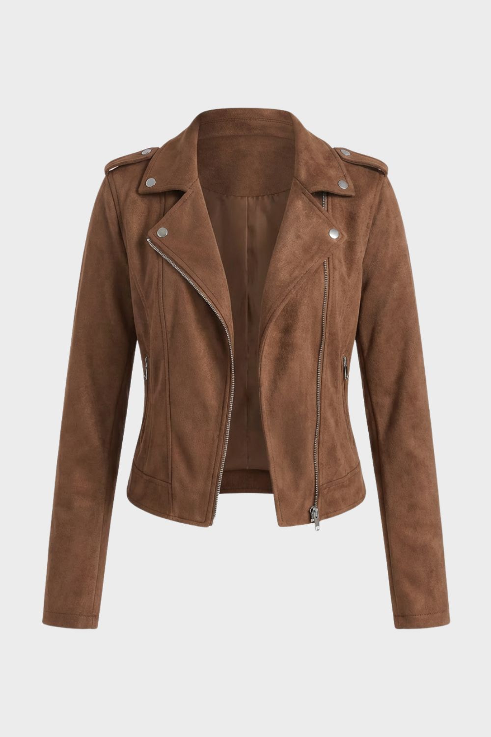 Women's Cropped Suede-Look Biker Jacket with Asymmetric Zip – Axminster – Brown – front view