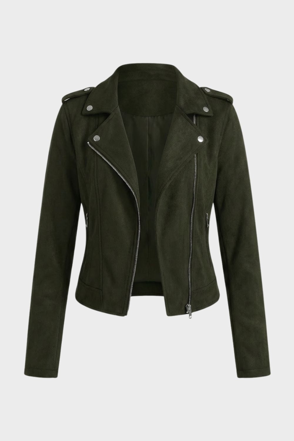 Women's Cropped Suede-Look Biker Jacket with Asymmetric Zip – Axminster – Olive – front view