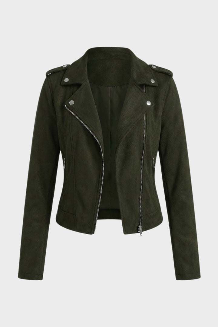Women's Cropped Suede-Look Biker Jacket with Asymmetric Zip – Axminster – Olive – front view
