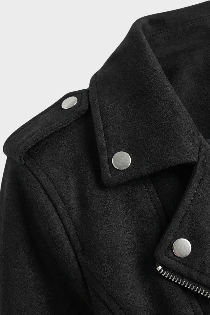 Women's Cropped Suede-Look Biker Jacket with Asymmetric Zip – Axminster – Black – detail view