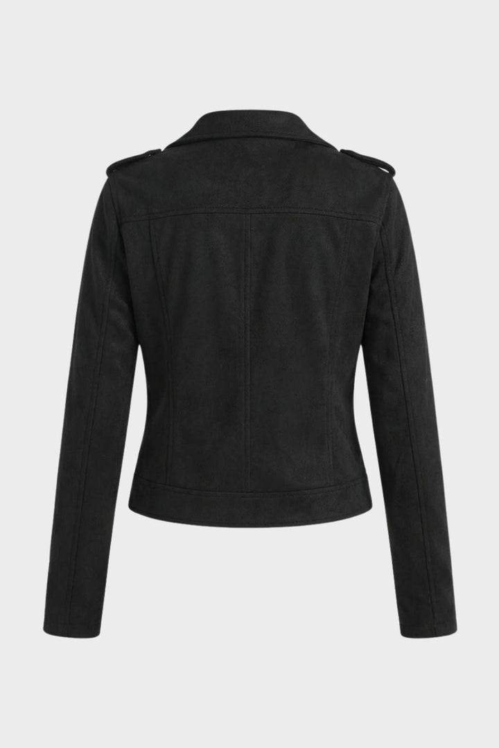 Women's Cropped Suede-Look Biker Jacket with Asymmetric Zip – Axminster – Black – back view