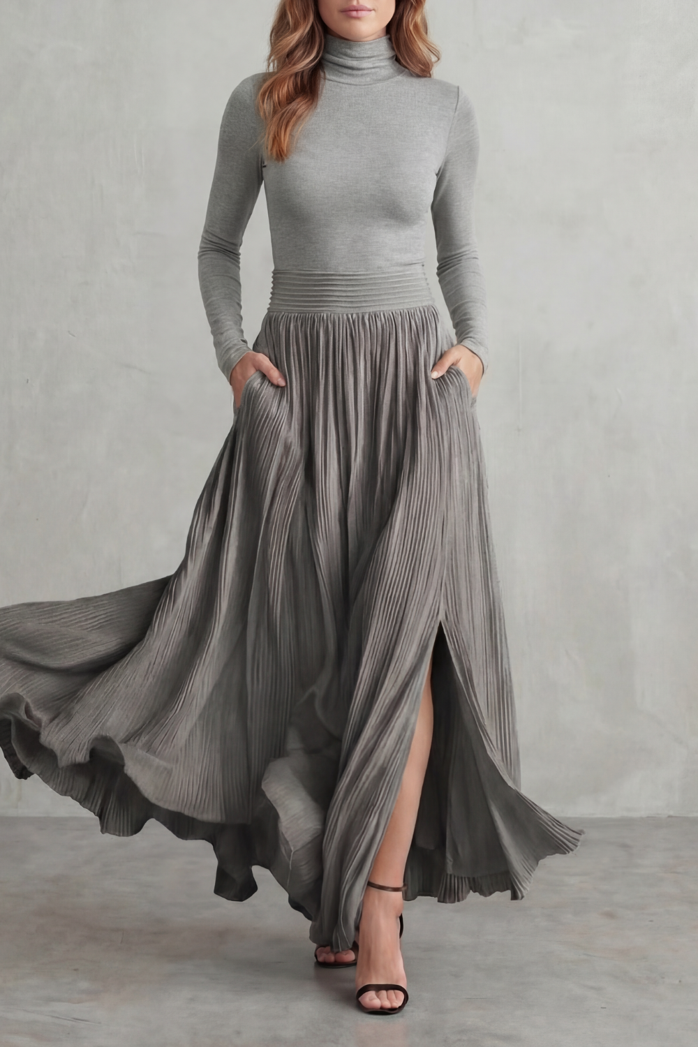 Women's Turtleneck Top and Pleated Maxi Skirt Co-ord Set - Devraine