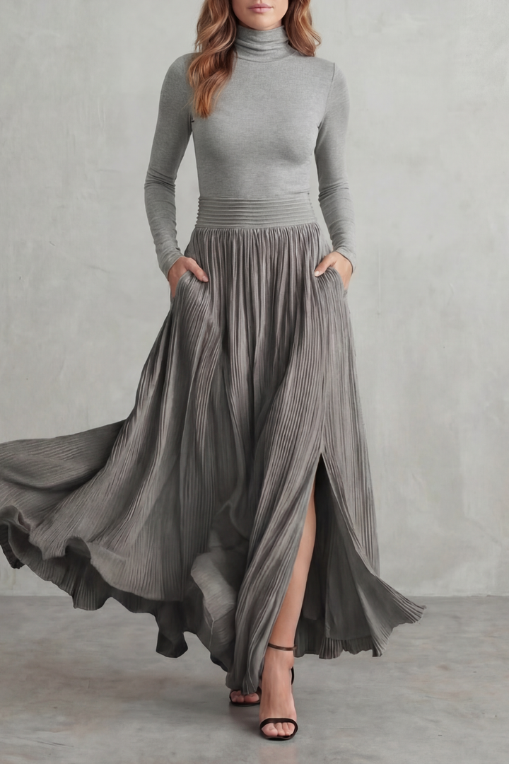 Women's Turtleneck Top and Pleated Maxi Skirt Co-ord Set - Devraine
