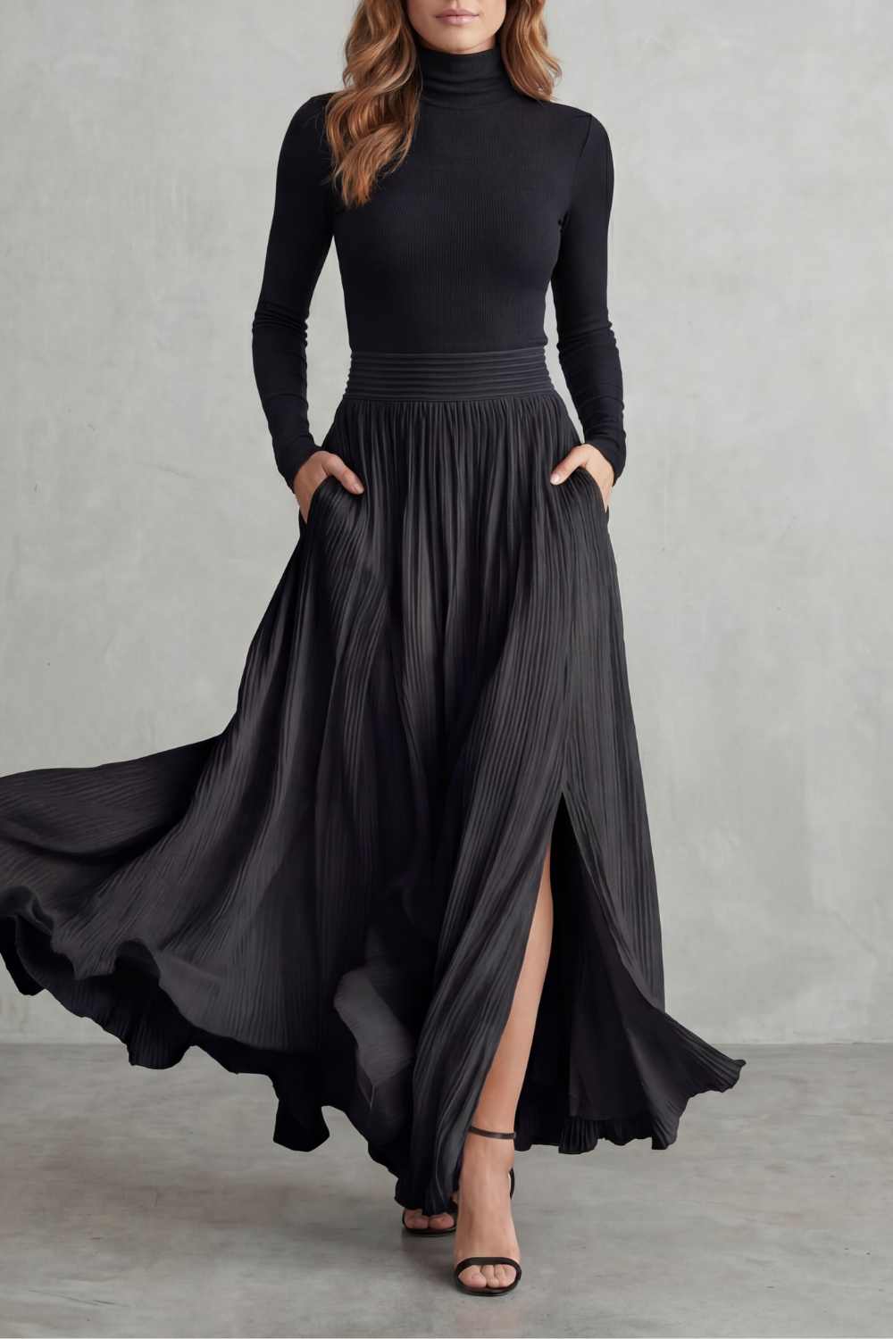 Women's Turtleneck Top and Pleated Maxi Skirt Co-ord Set - Devraine