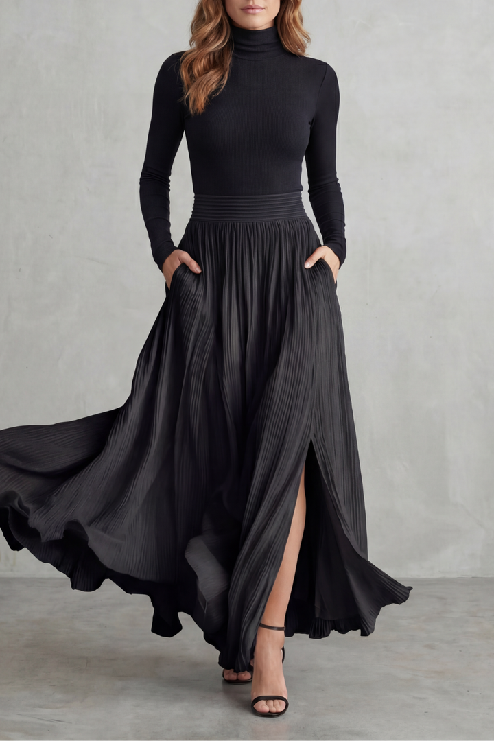 Women's Turtleneck Top and Pleated Maxi Skirt Co-ord Set - Devraine