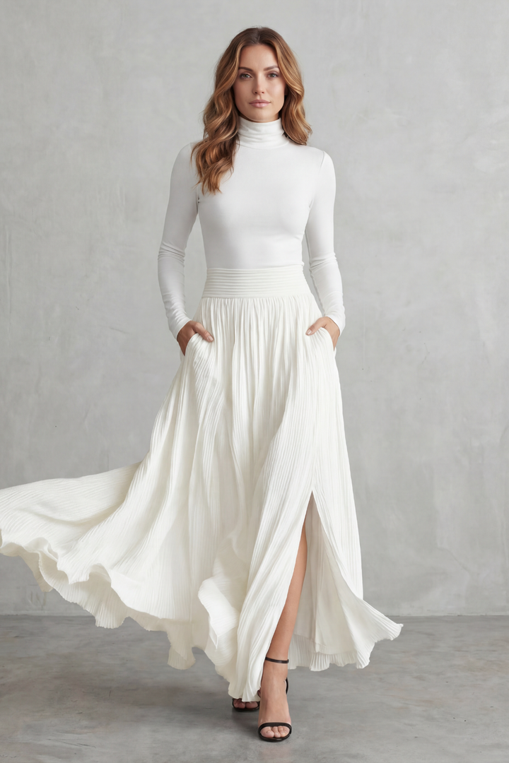 Women's Turtleneck Top and Pleated Maxi Skirt Co-ord Set - Devraine