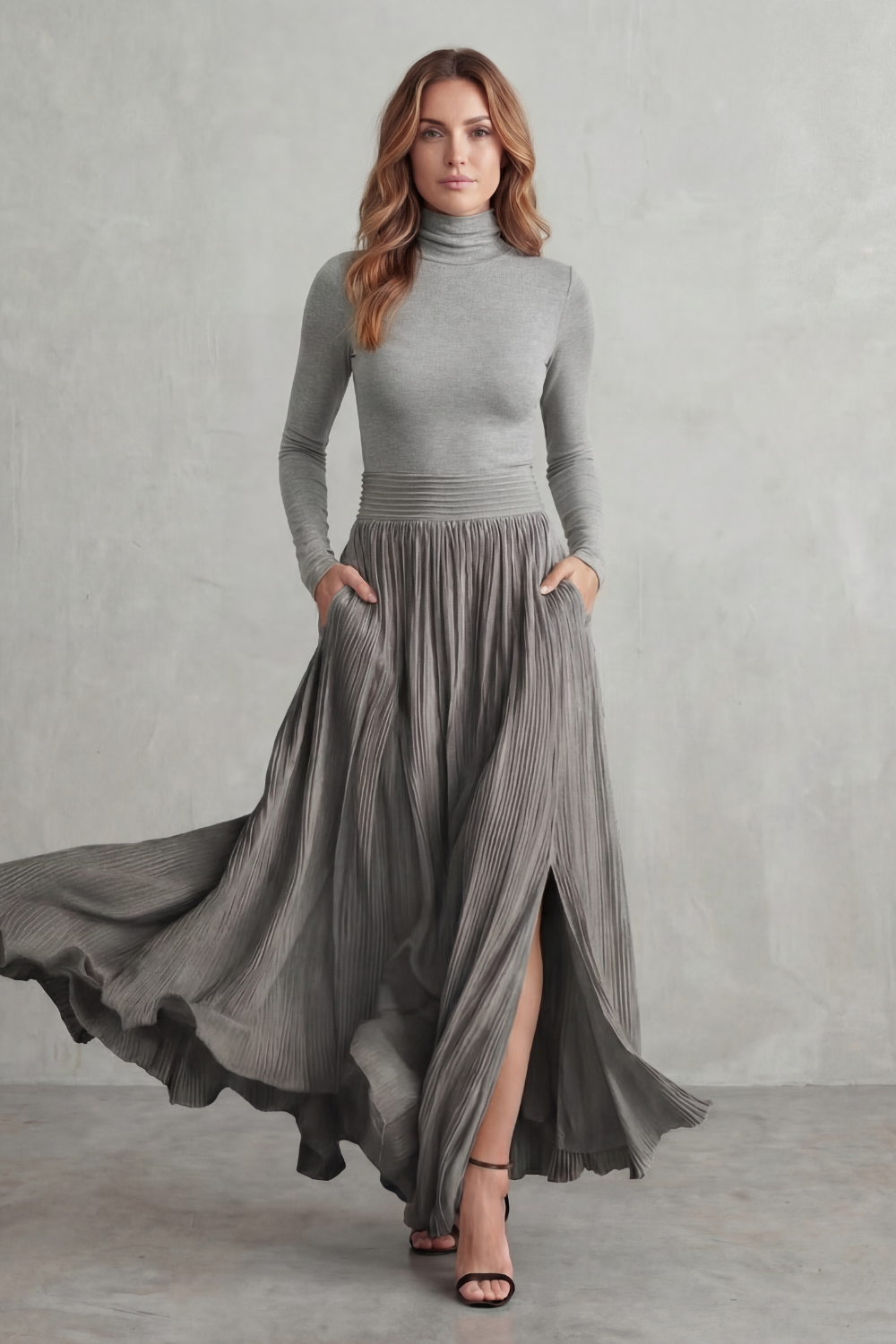 Women's Turtleneck Top and Pleated Maxi Skirt Co-ord Set - Devraine