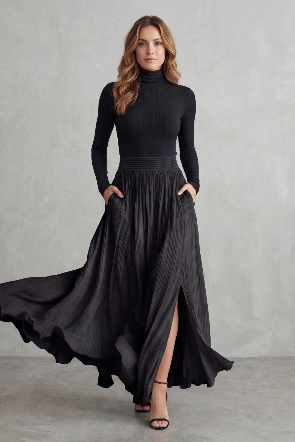 Women's Turtleneck Top and Pleated Maxi Skirt Co-ord Set - Devraine