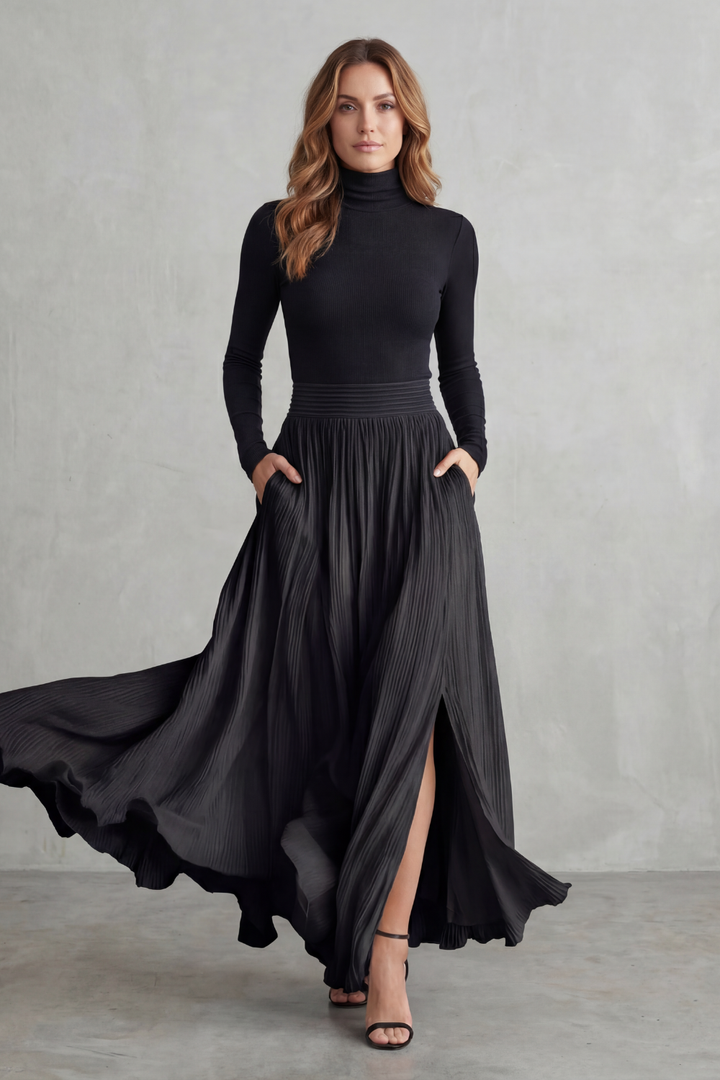 Women's Turtleneck Top and Pleated Maxi Skirt Co-ord Set - Devraine