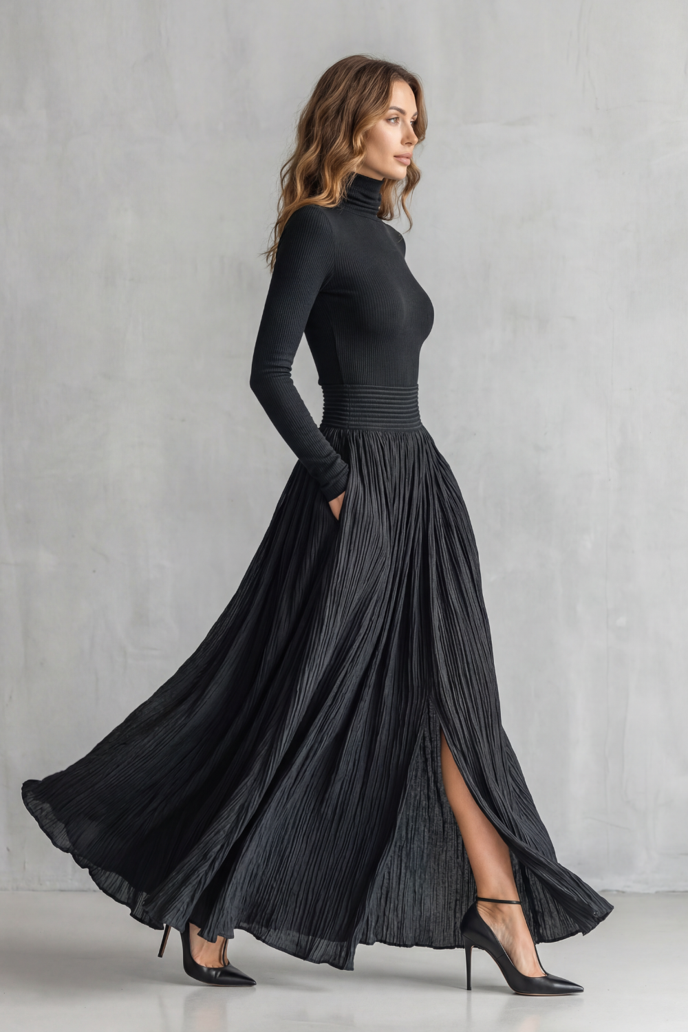 Women's Turtleneck Top and Pleated Maxi Skirt Co-ord Set - Devraine