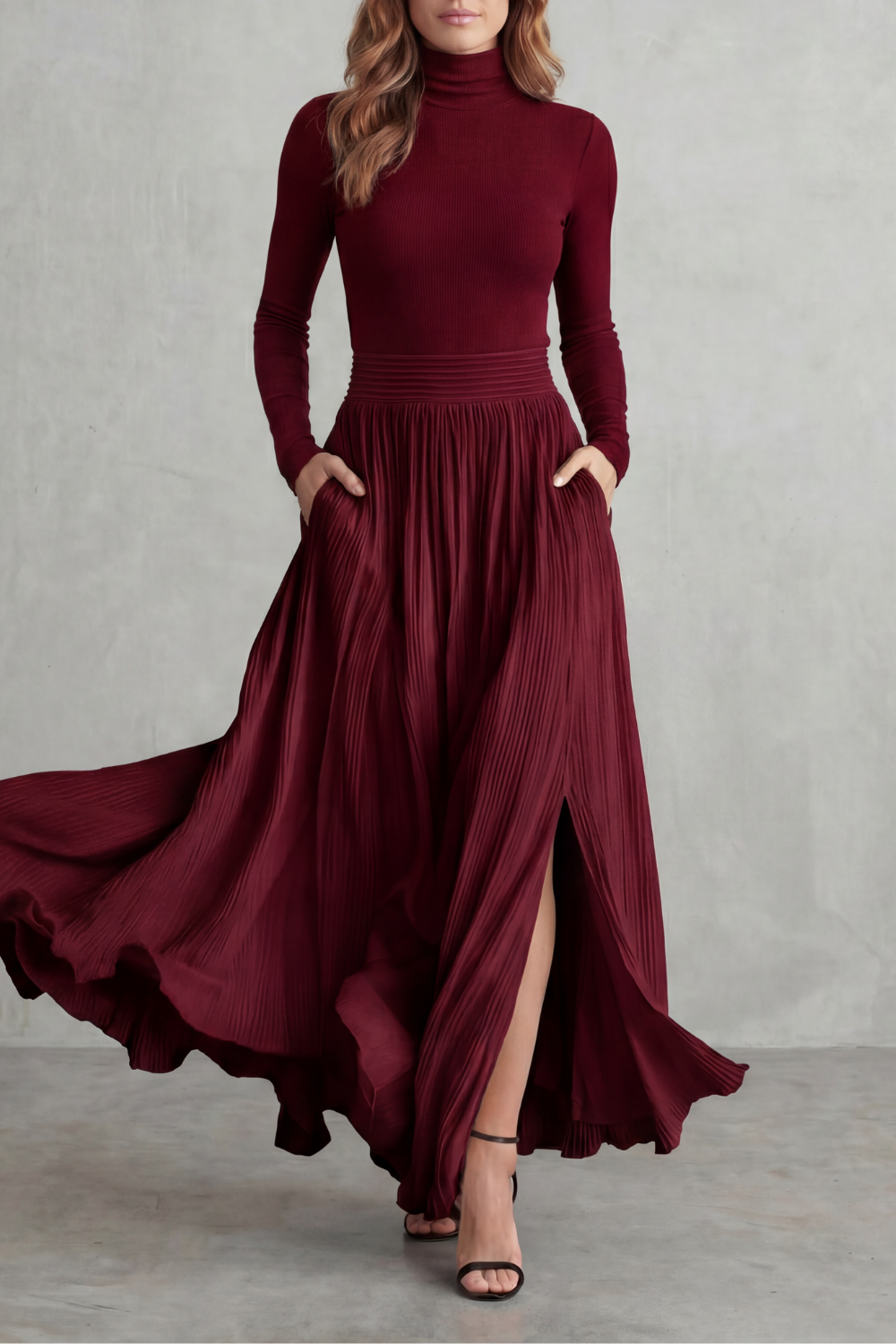 Women's Turtleneck Top and Pleated Maxi Skirt Co-ord Set - Devraine