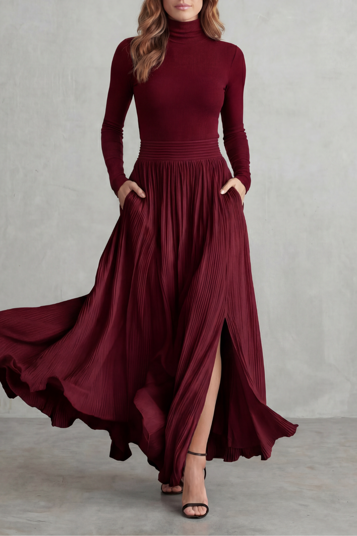 Women's Turtleneck Top and Pleated Maxi Skirt Co-ord Set - Devraine