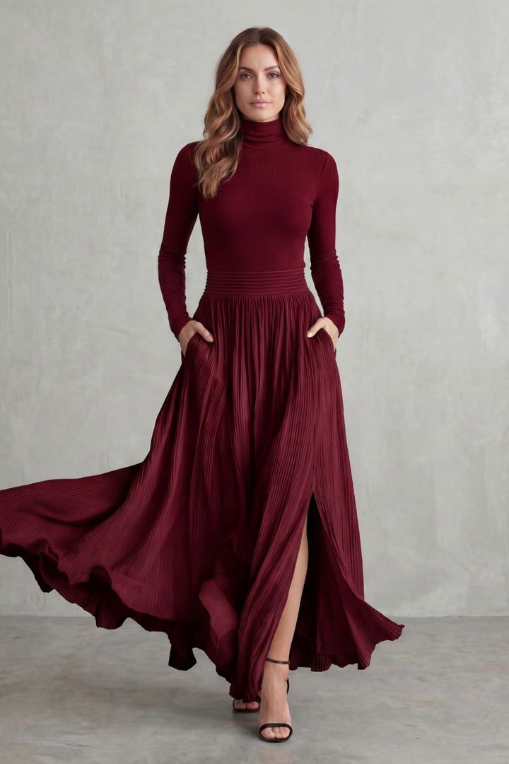 Women's Turtleneck Top and Pleated Maxi Skirt Co-ord Set - Devraine