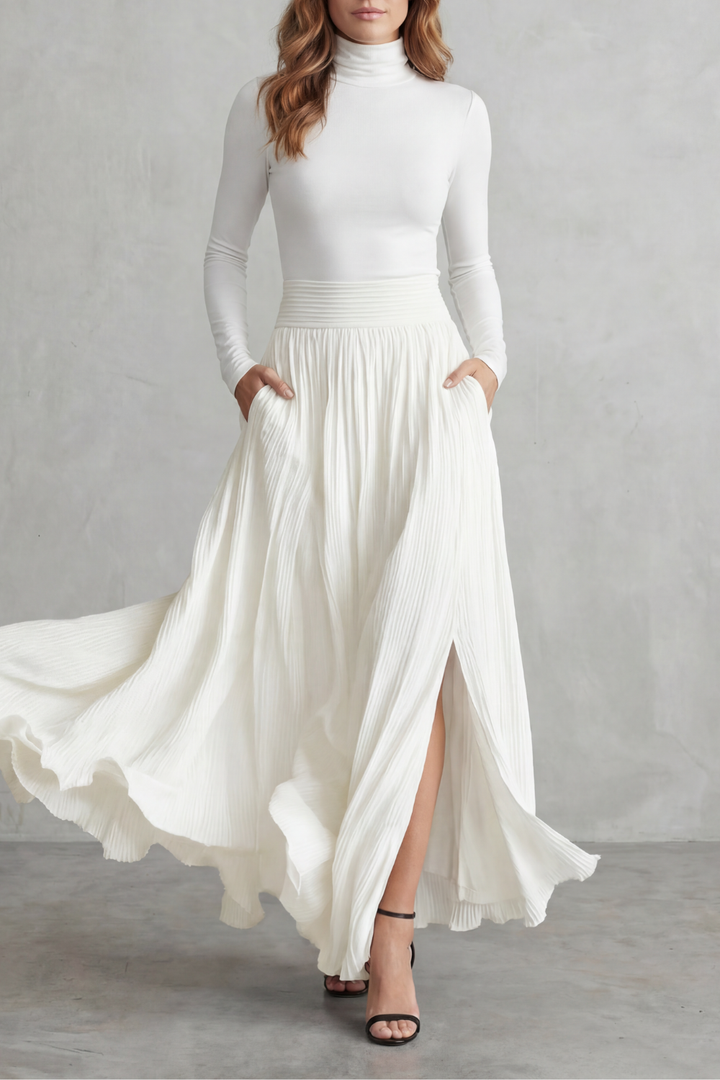 Women's Turtleneck Top and Pleated Maxi Skirt Co-ord Set - Devraine