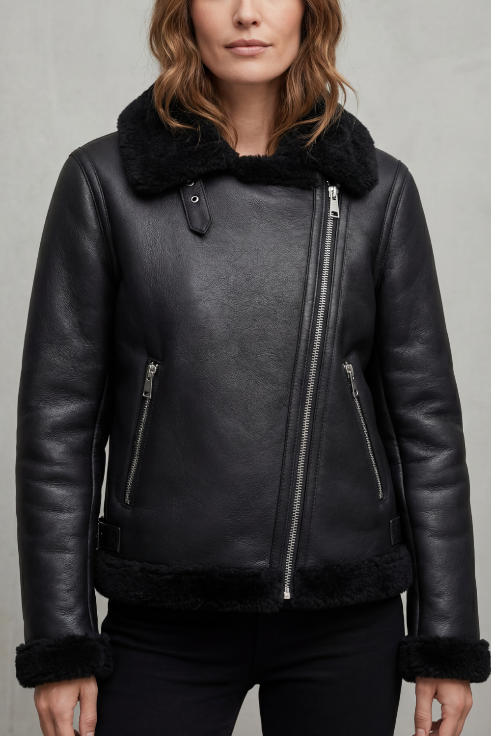 Women's Asymmetrical Zip Shearling Biker Jacket – Zinnia