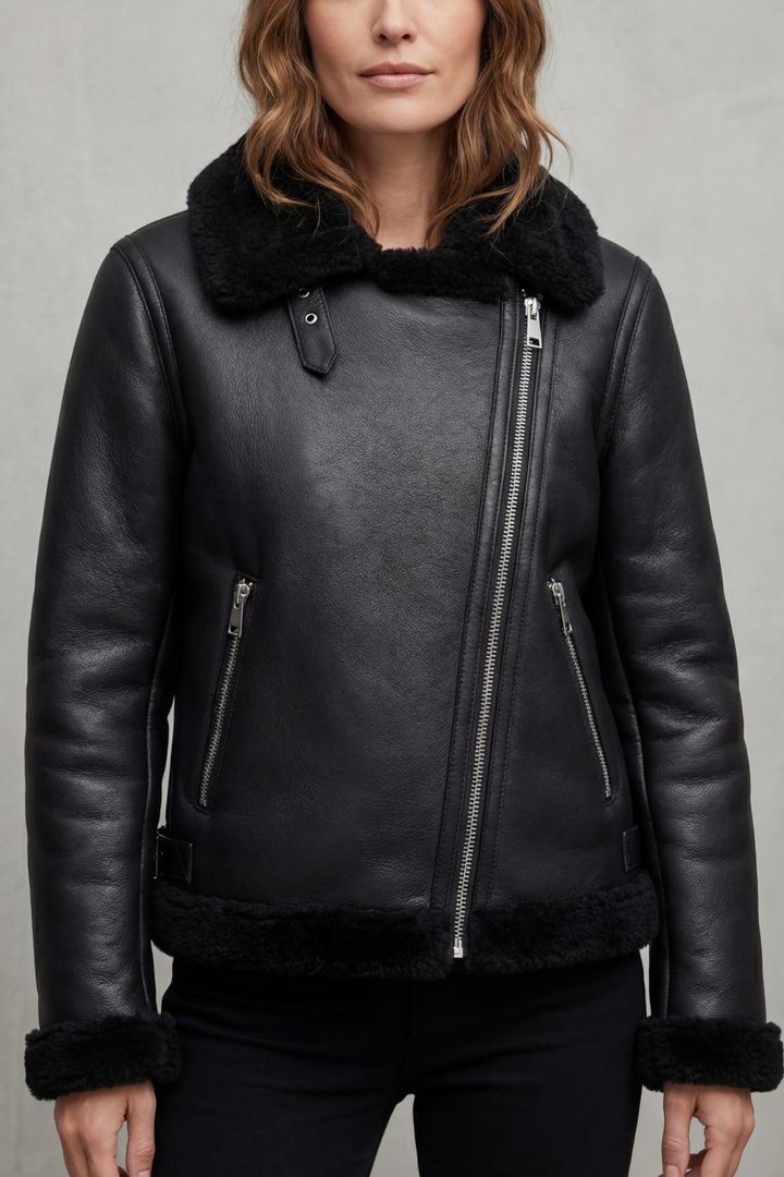 Women's Asymmetrical Zip Shearling Biker Jacket – Zinnia