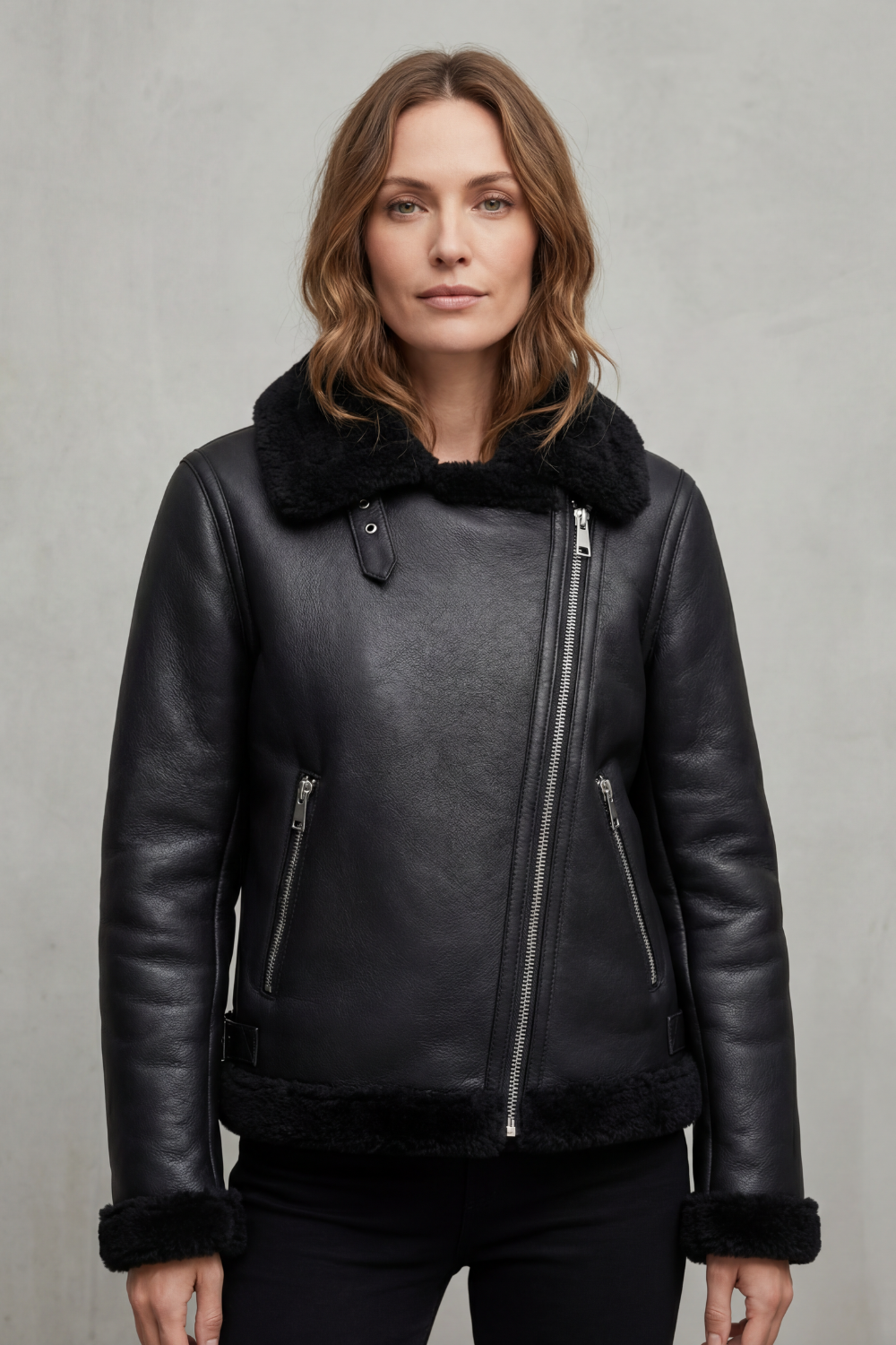 Women's Asymmetrical Zip Shearling Biker Jacket – Zinnia