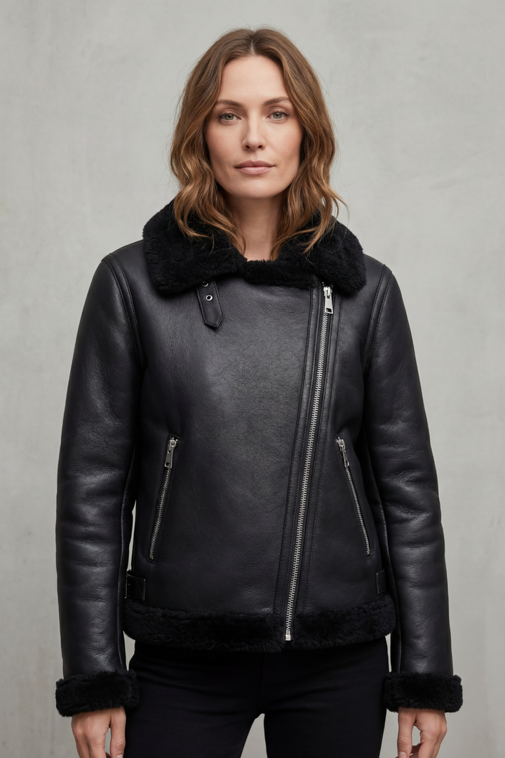 Women's Asymmetrical Zip Shearling Biker Jacket – Zinnia