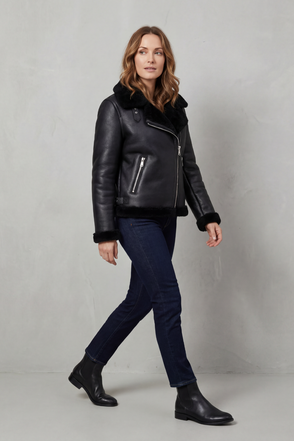 Women's Asymmetrical Zip Shearling Biker Jacket – Zinnia