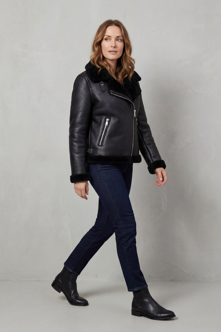 Women's Asymmetrical Zip Shearling Biker Jacket – Zinnia