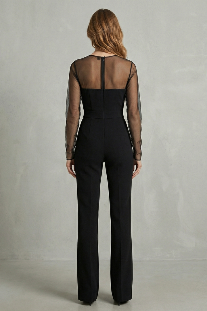 Women's Sheer Mesh Long Sleeve Wide Leg Jumpsuit - Lucienne
