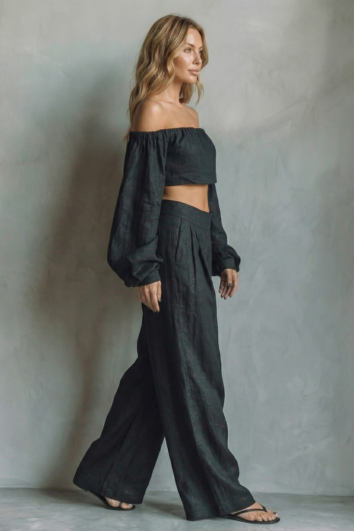 Women's Off Shoulder Crop Top and Trouser Co-ord Set - Anouvelle