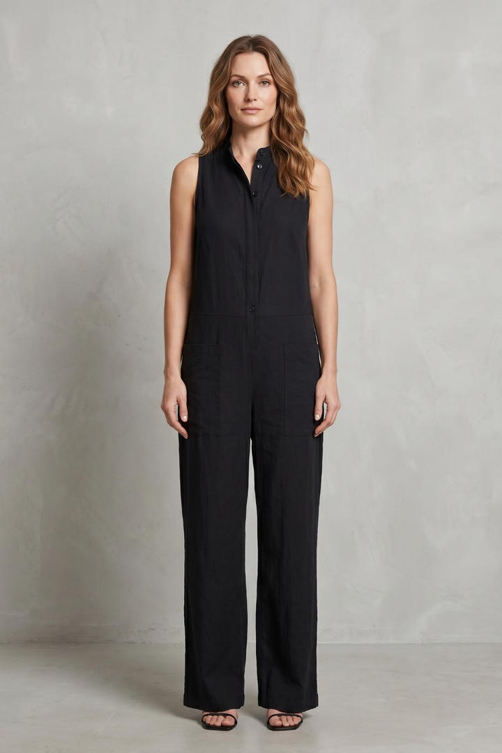 Women's Sleeveless Button Front Wide Leg Jumpsuit - Isolienne