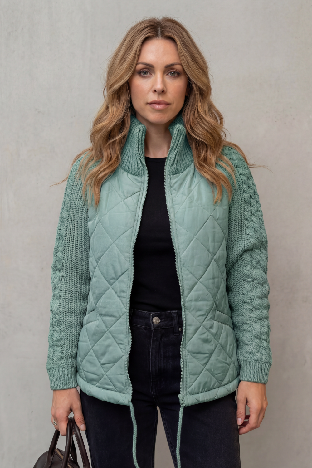 Women's Quilted Puffer Jacket with Textured Knit Accents – Jolene