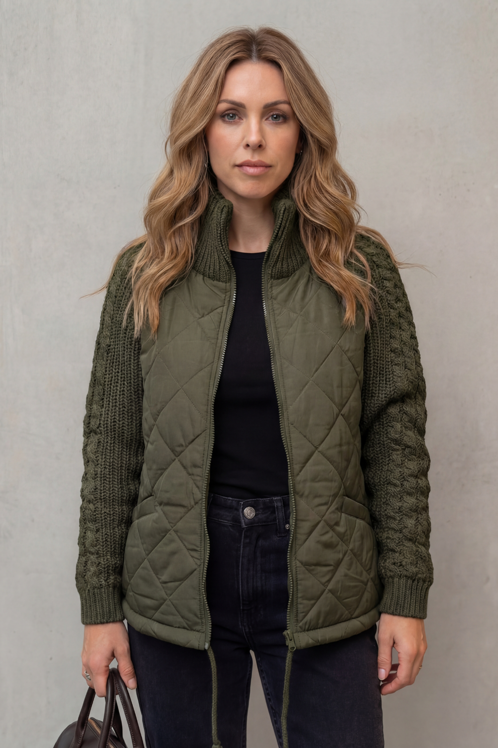 Women's Quilted Puffer Jacket with Textured Knit Accents – Jolene