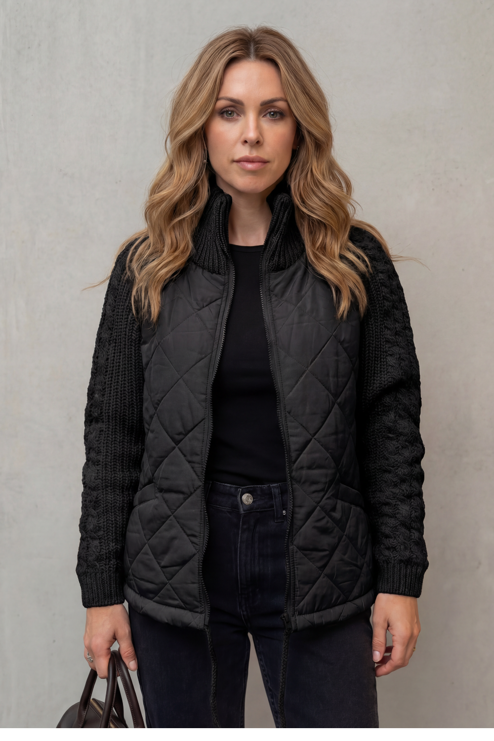 Women's Quilted Puffer Jacket with Textured Knit Accents – Jolene