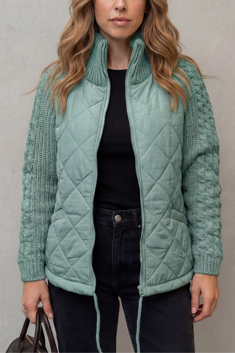 Women's Quilted Puffer Jacket with Textured Knit Accents – Jolene