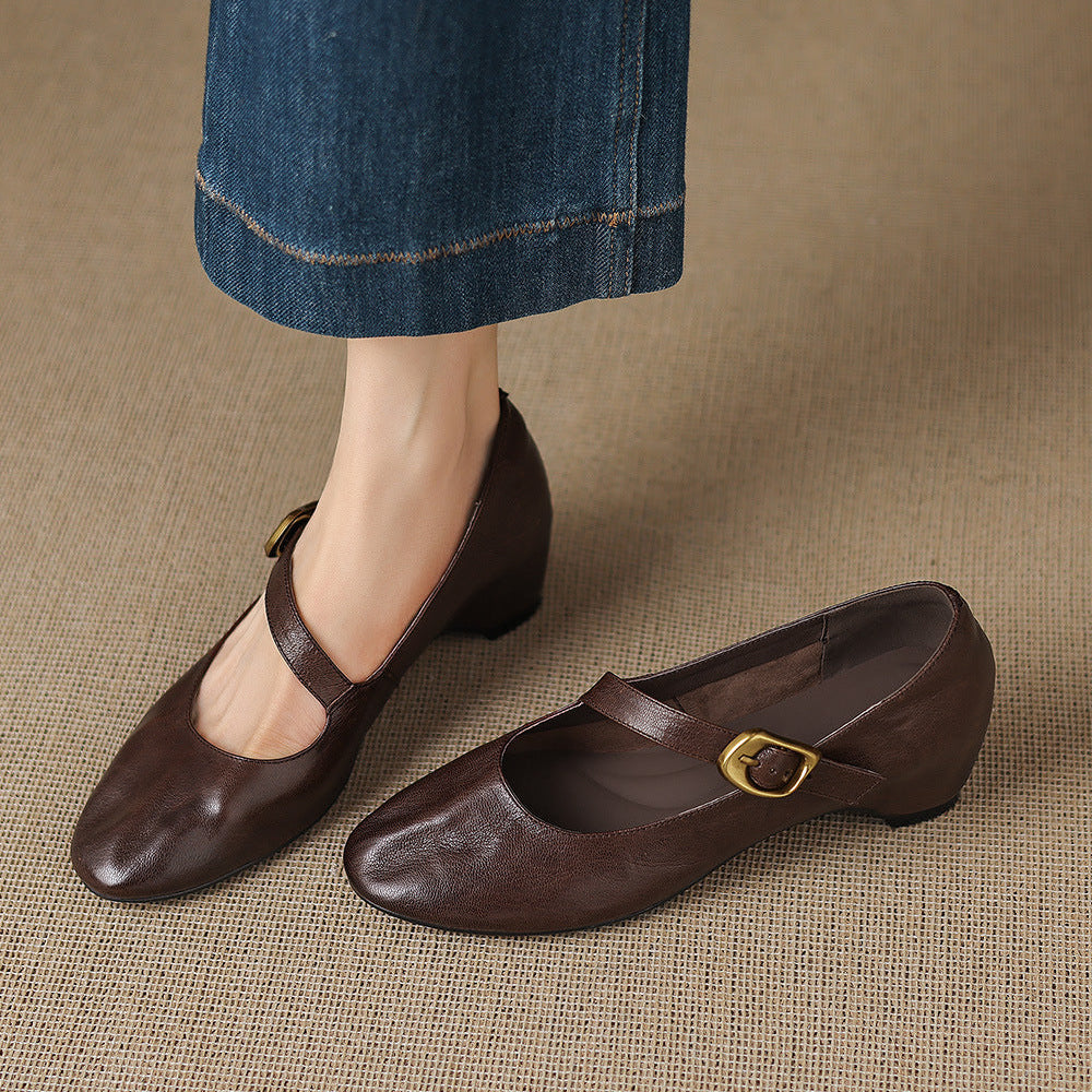 Women's Round Toe Leather Mary Jane Flats – Quira