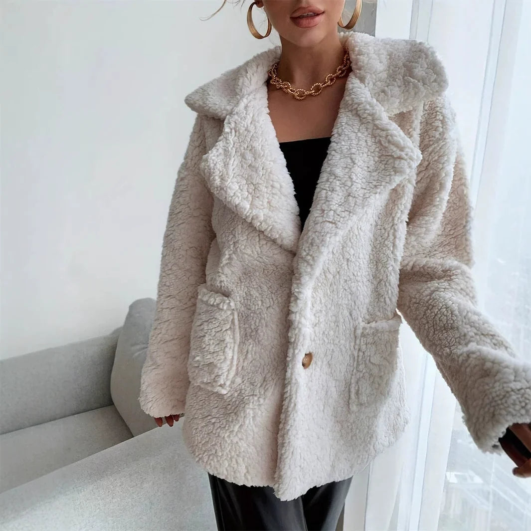 Women's Teddy Jacket Oversized Notch Collar Button Front