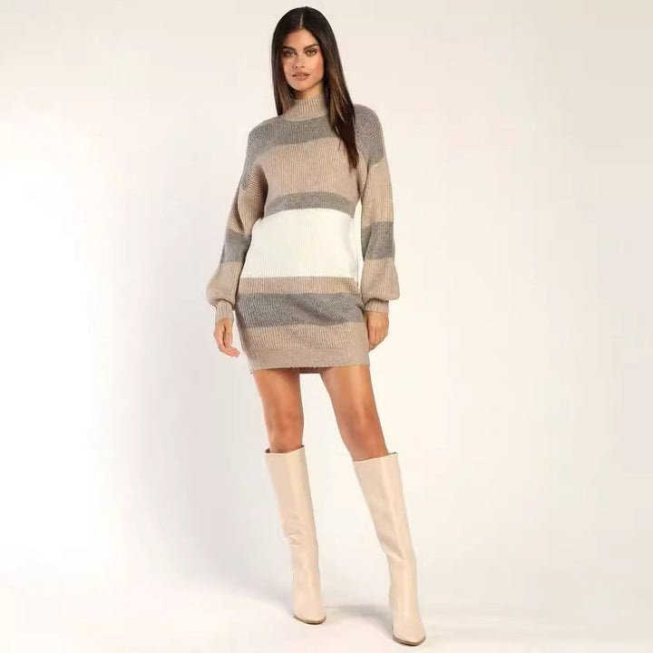 Women's striped knitted jumper dress Fleur in Khaki – full-length with boots